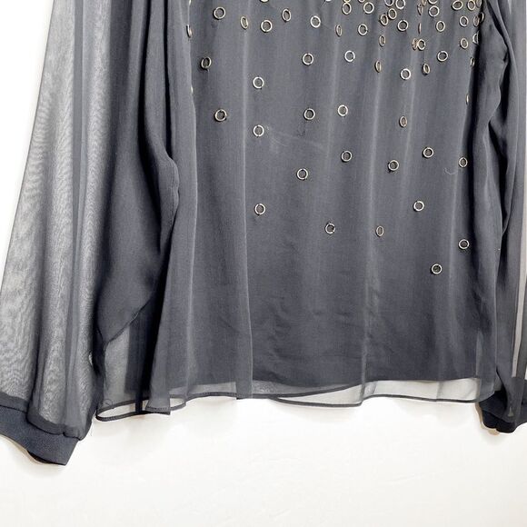 Per Se by Carlisle Ring Embellished Organza Sleeve Silk Blouse Black Size 12 - Picture 3 of 6